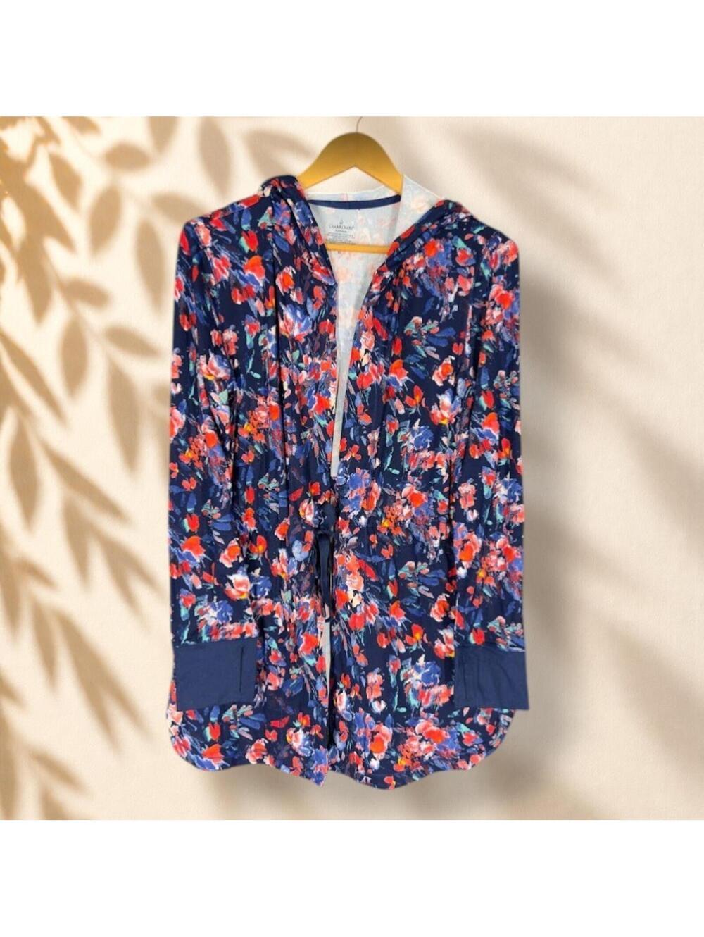 Cuddle Duds Top Women M Medium Blue Floral Open Front Long Sleeve Hooded Tie Up